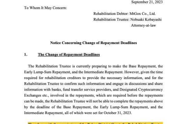 பிரேக்கிங்: Mt. Gox அறங்காவலர் திருப்பிச் செலுத்துவதற்கான காலக்கெடுவை அக்டோபர் 2024 வரை மாற்றுகிறார்