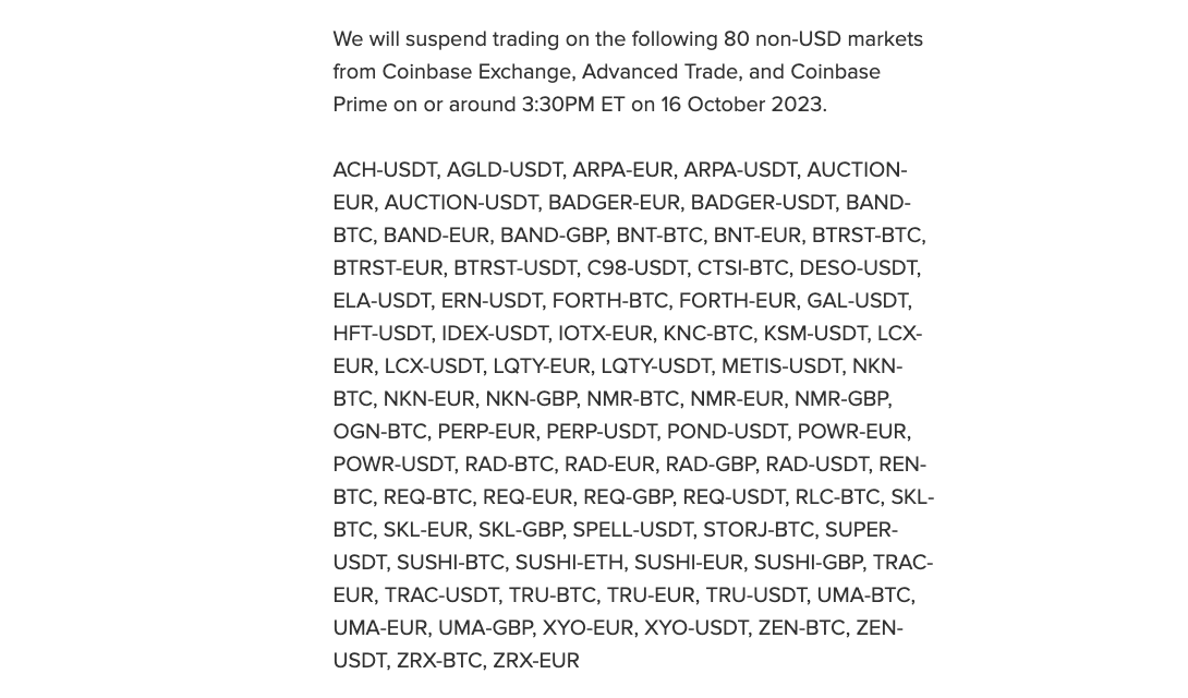 பணப்புழக்கத்தை மேம்படுத்த 80 அமெரிக்க டாலர் அல்லாத வர்த்தக ஜோடிகளை Coinbase இடைநிறுத்துகிறது