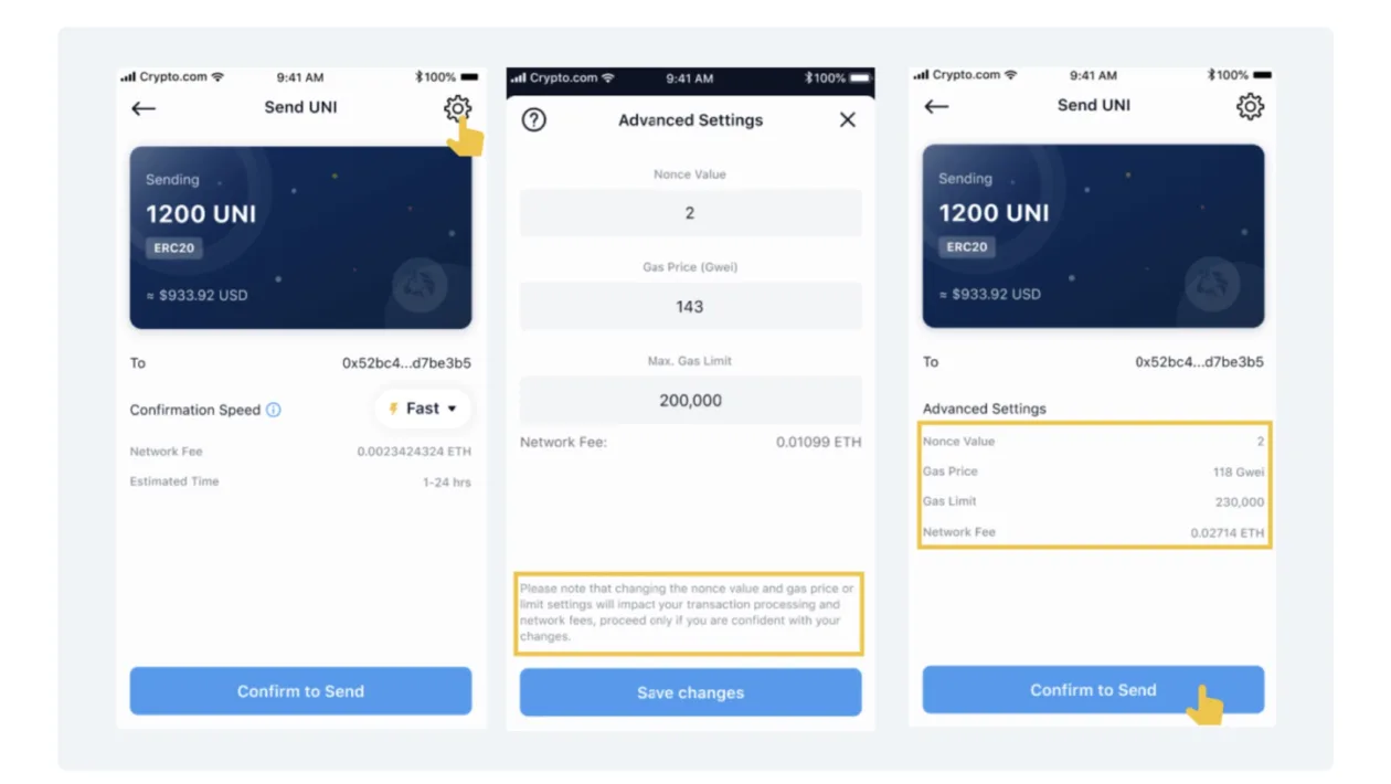 Crypto.com இல் ERC-20 பரிவர்த்தனைகளுக்கான எரிவாயு விலையைத் தனிப்பயனாக்குதல்